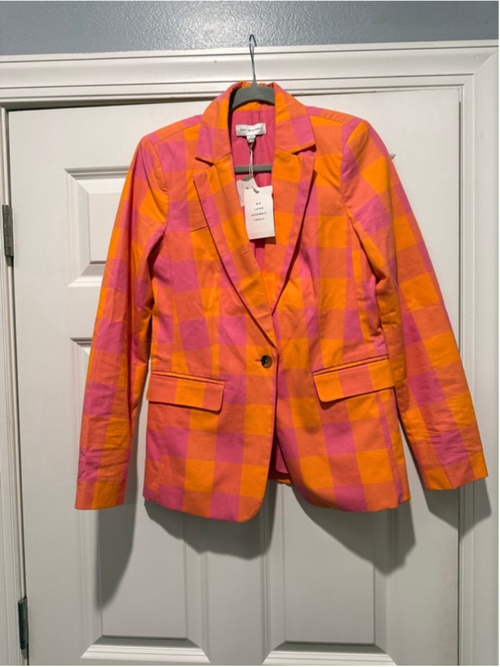 Women's FREE ASSEMBLY Orange Pink Plaid Blazer S - Picture 3 of 7